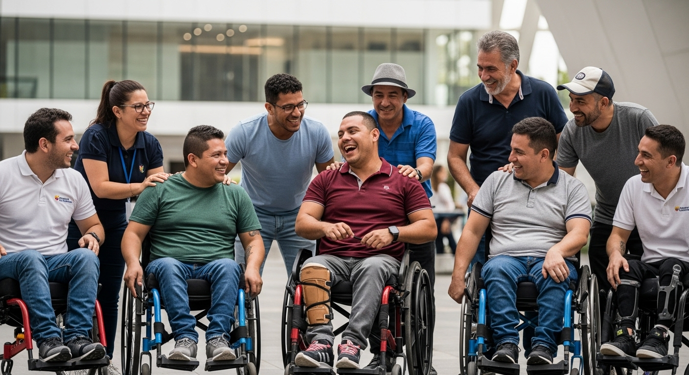 Un grupo diverso de hombres, varios de ellos usuarios de sillas de ruedas, ríen juntos en un espacio exterior moderno, demostrando camaradería y alegría.